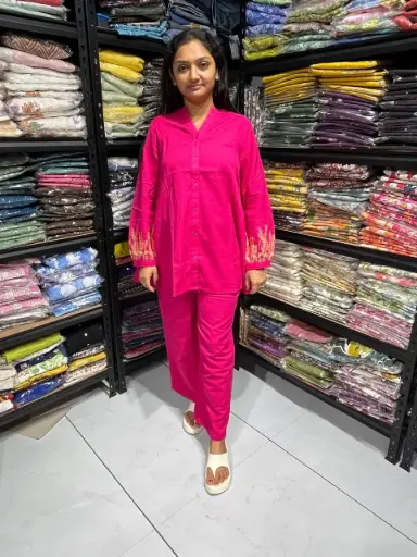 Rose pink Embroidered Cotton Cord Set