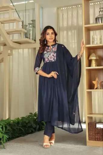 Navy Blue Cotton Suit Set with Floral Yoke Embroidery