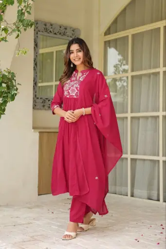 Rani pink Cotton Suit Set with Floral Yoke Embroidery