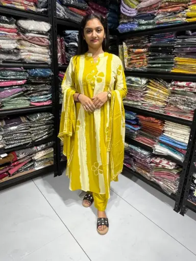 Ruhani Mustard Stripe & Floral 3 Pieces Kurta Set