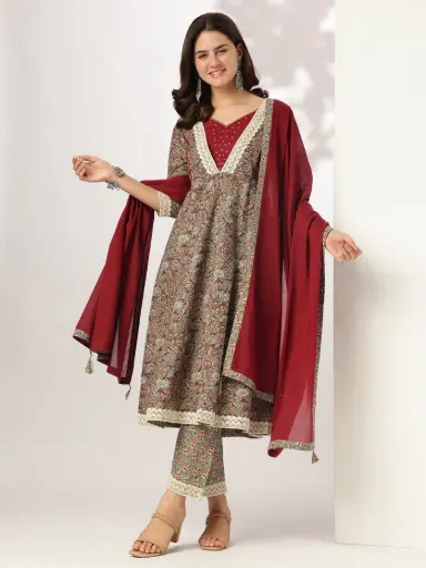 [709L] Sage Green Pure Cotton Floral Printed Anarkali Kurta Set