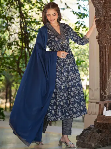 [710L] Navy Blue Pure Cotton Floral Printed A-line Kurta Pant With Dupatta Set