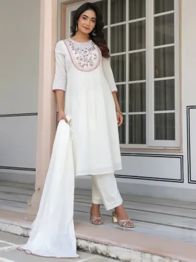 [711L] Off White Pure Cotton Yoke Embroidered A line Kurta Set