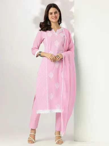 [712L] Light Pink Pure Cotton Embroidered Straight Kurta Set