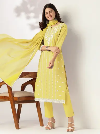 [713L] Yellow Pure Cotton Embroidered Straight Kurta Set