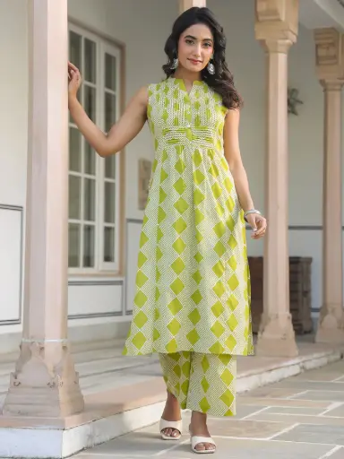 [714XL] Lime Green Pure Cotton Geometric Printed A-line Kurta Pant Set
