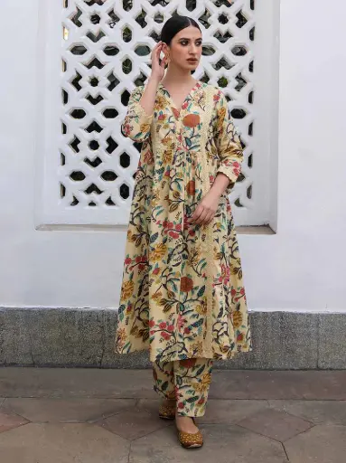 [715L] Beige Cotton Floral Kurta Pant Set