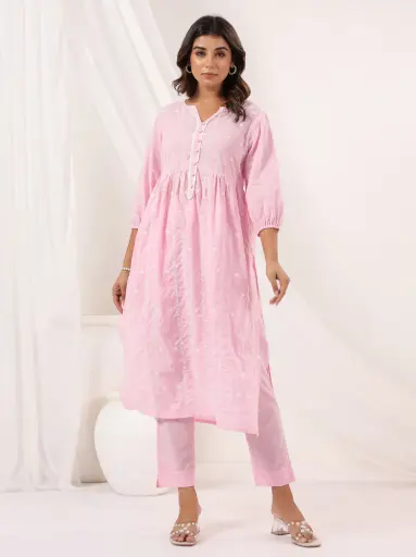 [716L] Pink Pure Cotton Embroidered A line Kurta Pant Set