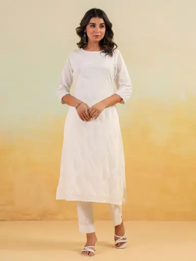 [717L] Off White Pure Cotton Embroidered Straight Kurta Pant Set