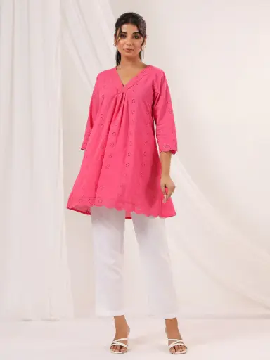 Pink Pure Cotton Schiffli A line Tunic