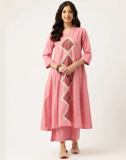YAMIKA PINK PATCH EMBROIDERED KURTA SET