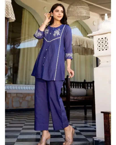 Pure Dobby Cotton Embroidered Co-ord Set With Lining in Purple
