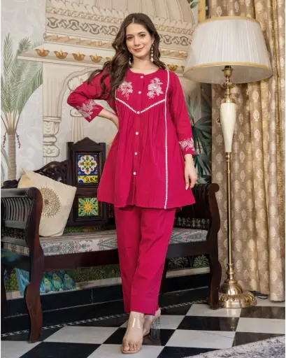 Pure Dobby Cotton Embroidered Co-ord Set With Lining in Rani