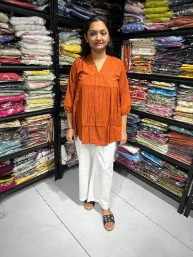 Rust Radiance Pleated Cotton Embroidery Top