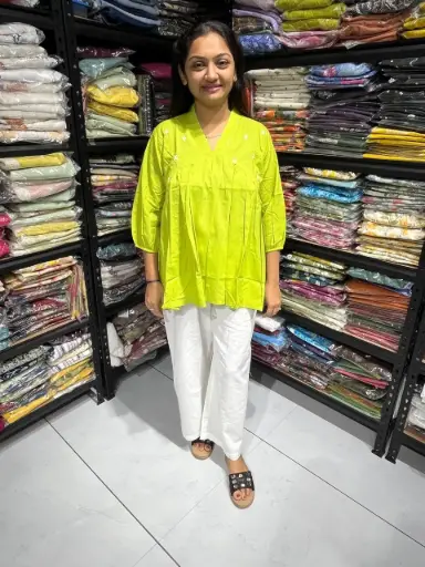 Lime Radiance Pleated Cotton Embroidery Top