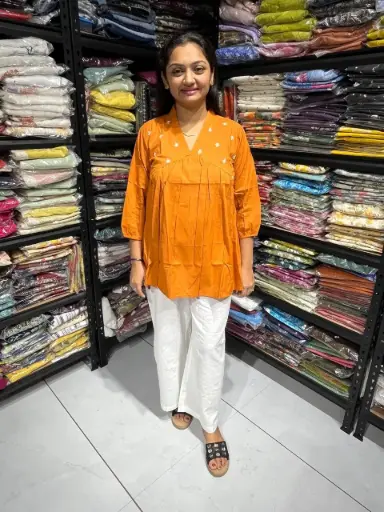 Orange Radiance Pleated Cotton Embroidery Top