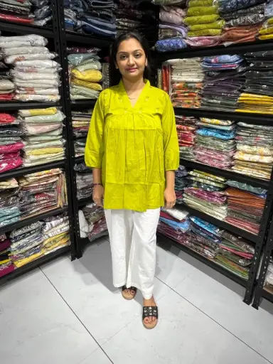 Parrot Radiance Pleated Cotton Embroidery Top