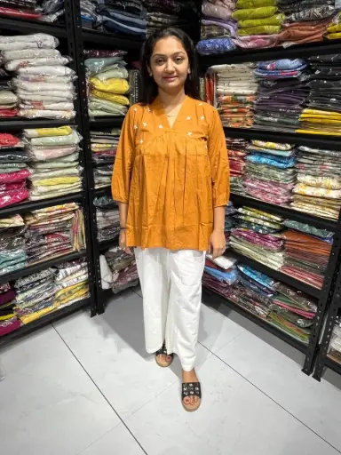 Kesari Radiance Pleated Cotton Embroidery Top