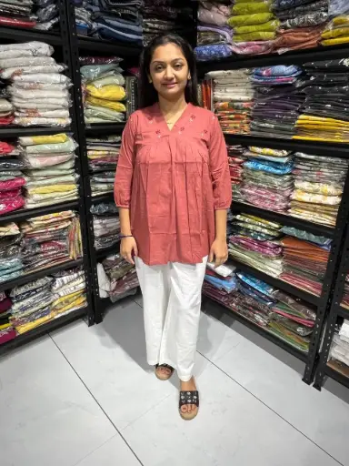 Carrot Radiance Pleated Cotton Embroidery Top