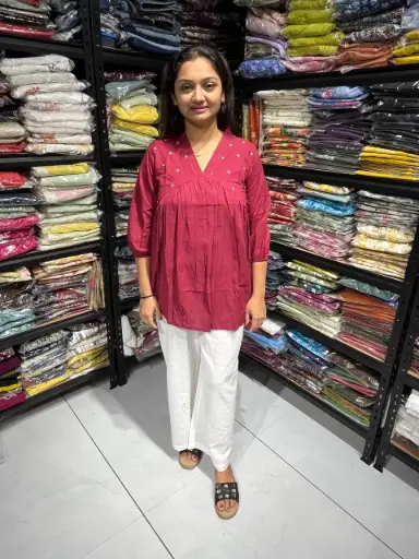 Marron Radiance Pleated Cotton Embroidery Top