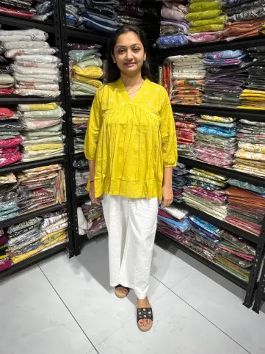 Yellow Radiance Pleated Cotton Embroidery Top