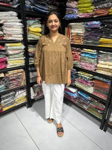 Dark coffe  Radiance Pleated Cotton Embroidery Top