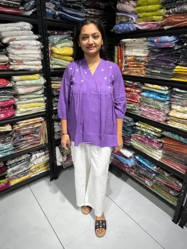 Purple Radiance Pleated Cotton Embroidery Top
