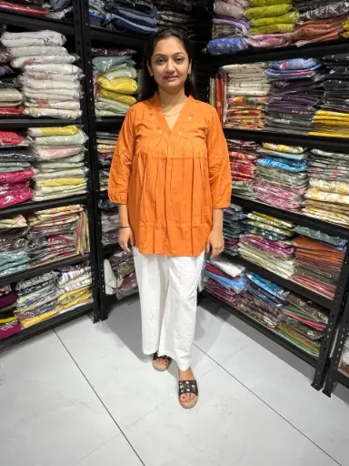 Saffron  Radiance Pleated Cotton Embroidery Top