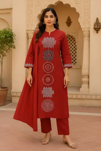 Red Rust Charm Hand-Embroidered Cotton 3-pieces set