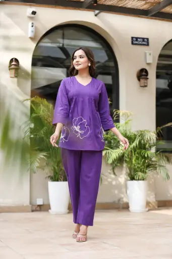 Royal Orchid Soft Cotton & White Floral Embroidery Co-ord Set