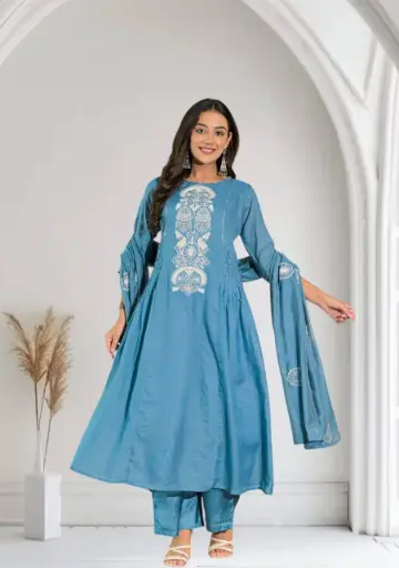 Meher Teal Blue Mull Chanderi Suit with Sequence & Hand Work