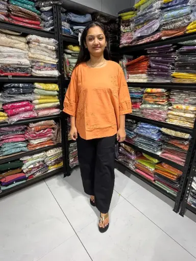 [782-4XL] Orange Stretchable Linen Top with Minimal Embroidery