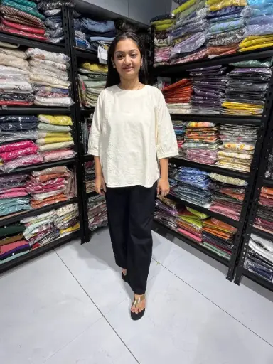 [783-4XL] Off White Stretchable Linen Top with Minimal Embroidery