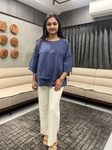 [784-4XL] Blue Stretchable Linen Top with Minimal Embroidery