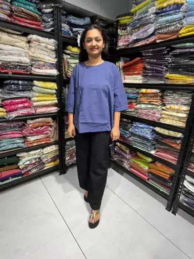 [784-4XL] Blue Stretchable Linen Top with Minimal Embroidery