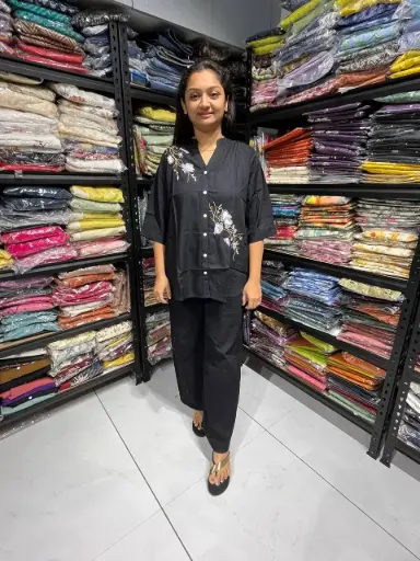 Black Embroidered Linen Cotton Relaxed Fit Top