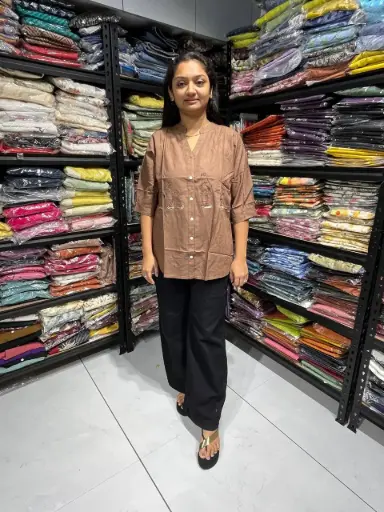 Brown Linen Cotton Casual Top with Heron Motif Embroidery