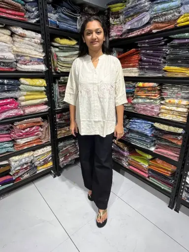 Off white Linen Cotton Casual Top with Heron Motif Embroidery