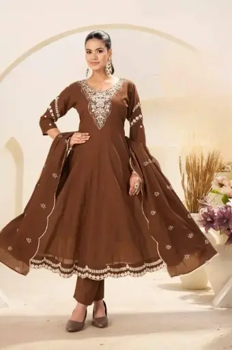 Nishka Brown Silky Cotton Anarkali Style Suit with Embroidery Work