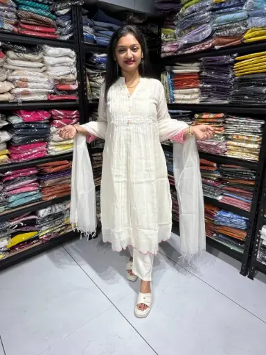 Pure White Mull Chanderi Kurta Pant Set with dupatta and Appliqué Detailing
