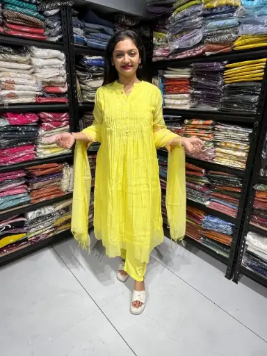 Yellow Mull Chanderi Kurta Pant Set with dupatta and Appliqué Detailing