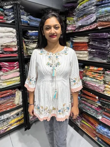 White Premium Cotton Embroidered Top for Women with Lace Detailing