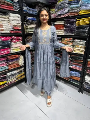 Grey Mull Chanderi Hand Jardosi Embroidered Kurta Set with 