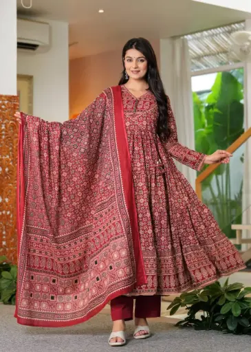 Red Ajrakh Print Premium Cotton Kurta Set with Hand Work, Pant & Dupatta