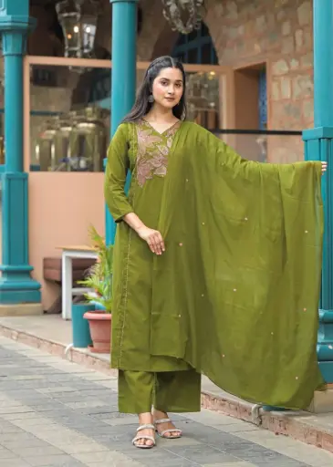 Olive Green Premium Cotton Embroidered Kurta Set with Katha Hand Work