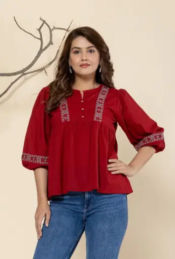 Red Premium Cotton Embroidered Top for Women