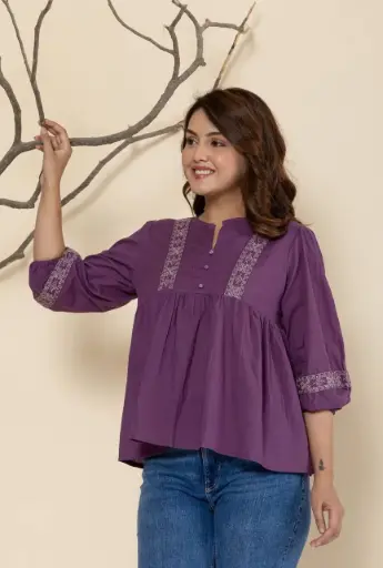 Purple Premium Cotton Embroidered Top for Women