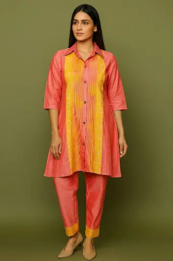 Peach & Yellow Chanderi Co-ord Set for Women | Embroidery & Real Mirror Work 