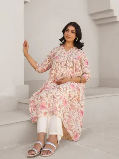 Cream Pure Cotton Pink Floral Printed A-line Maternity Kurta
