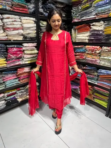 Red Mull Chanderi Handwork 3-Piece Kurta Set with Dupatta